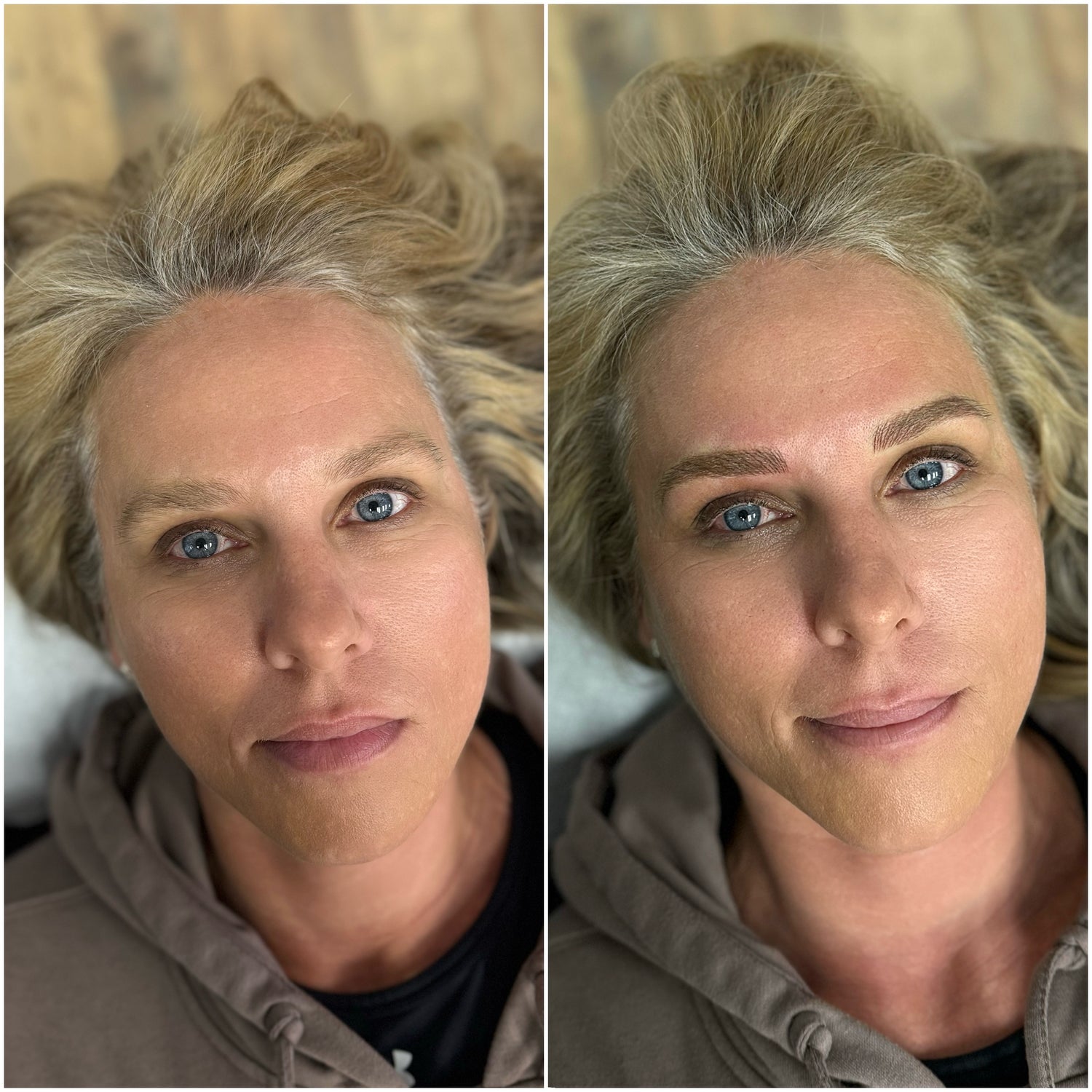 Blonde showcasing her brows before and after microblading procedure